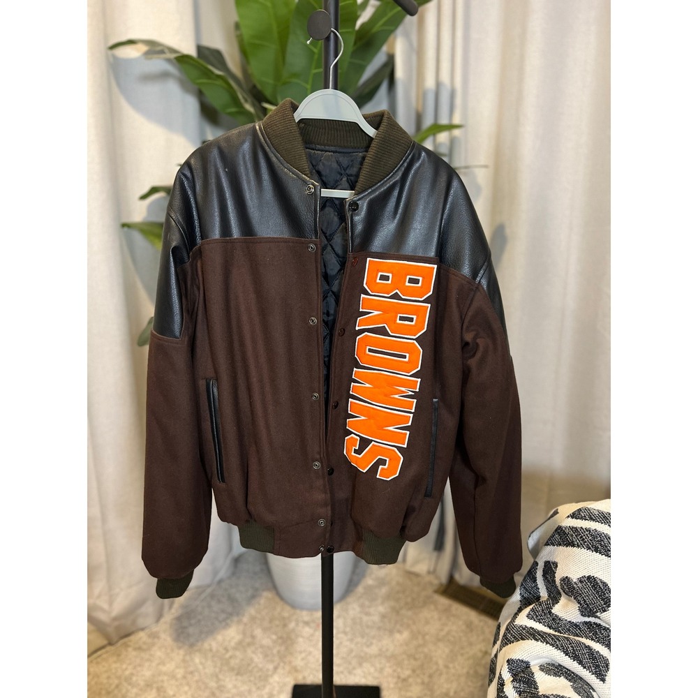 NFL Cleveland Browns Varsity Jacket Brown Faux Leather Wool Bomber Mens Large